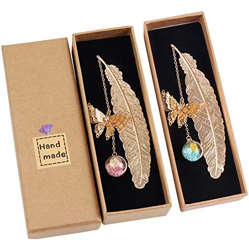 Lesezeichen mit Feder aus Metall, Drossel aus Metall mit Schmetterling und Trockenblume, ewige Glasperlen, Anhänger, ideales Geschenk für Leser, 2 Stück von JSMTKJ