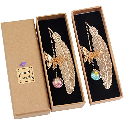 2PCS Metall Feder Lesezeichen mit Elegant Schmetterling und Glasperlen Ewige trockene Blume Anhänger Ideales Geschenk für Erwachsene Kinder und Studenten von JSMTKJ