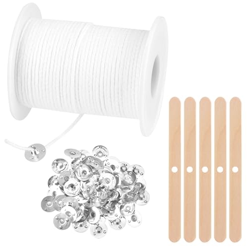 61m Kerzendocht, Dochte für Kerzen Rauchfrei Kerzen Dochten Set Kerzendochte für Kerzen Natürlichen Candle Wick mit 100 Stück Dochthalter für DIY Kerzenherstellung von JSMTKJ