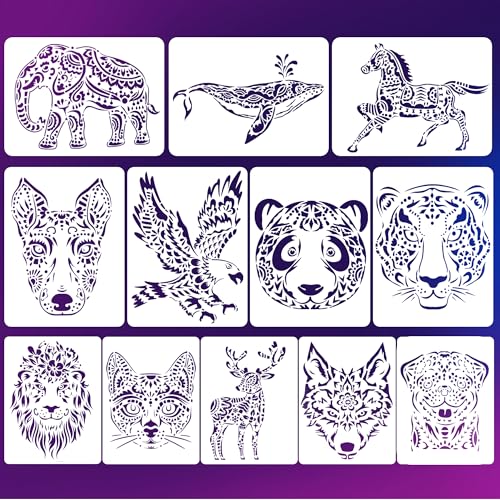 Tierstencil 12 Stück Schablonen zum Malen, 29 * 21cm Tiere Malschablonen Tiermalerei Schablone Wiederverwendbare Stencil Schablonen Malerei Vorlage Zubehör für Scrapbooking Fotoalbum von JSMTKJ