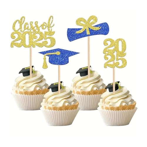 24 Stk. Cupcake Topper im Thema Graduation 2025, Abschlussfeier Cupcake toppers, Bachelor Hut Deko - Glitzernde Abschluss Dekorationen​ (Gold) von JSRHEEM