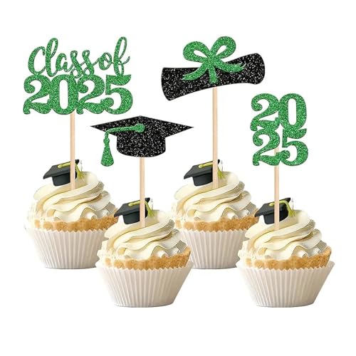 24 Stk. Cupcake Topper im Thema Graduation 2025, Abschlussfeier Cupcake toppers, Bachelor Hut Deko - Glitzernde Abschluss Dekorationen​ (Grün) von JSRHEEM