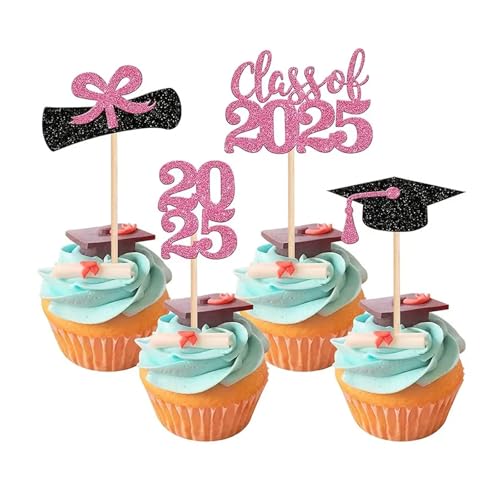 24 Stk. Cupcake Topper im Thema Graduation 2025, Abschlussfeier Cupcake toppers, Bachelor Hut Deko - Glitzernde Abschluss Dekorationen​ (Rosa) von JSRHEEM