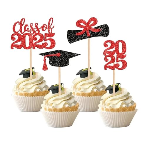 24 Stk. Cupcake Topper im Thema Graduation 2025, Abschlussfeier Cupcake toppers, Bachelor Hut Deko - Glitzernde Abschluss Dekorationen​ (Rot) von JSRHEEM