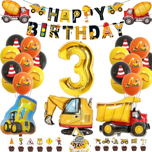 Bagger Deko für den 3. Geburtstag – Baustellen-Partydeko für Jungen, BAU Festdekor mit Luftballons, Happy Birthday Banner und Bagger-Dekoration (Gelb 3) von JSRHEEM