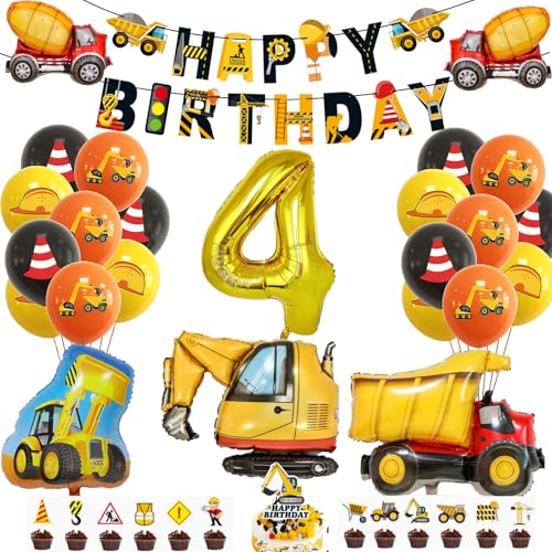 Bagger Deko für den 4. Geburtstag – Baustellen-Partydeko für Jungen, BAU Festdekor mit Luftballons, Happy Birthday Banner und Bagger-Dekoration (Gelb 4) von JSRHEEM