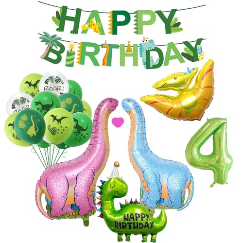 Dinosaurier Geburtstagsdeko, 4. Geburtstag Dinosaurier Alufolien Ballons, Dinosaurier Geburtstagsdeko für Jungen, Nummer Ballon 4 für Dinosaurier Dschungelparty Kindergeburtstag (Grün 4) von JSRHEEM