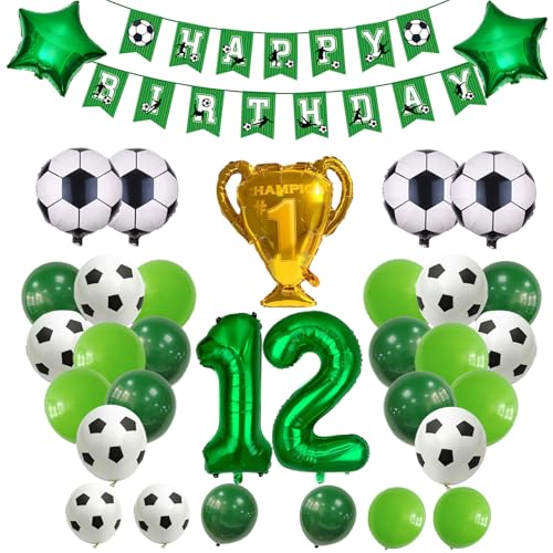 Fußball-Geburtstagsdeko für Jungen – Fussball Luftballon 12. Geburtstag, folienballon 12, Fußballballons, Pokal & Girlande – für Kindergeburtstage (Grün 12) von JSRHEEM