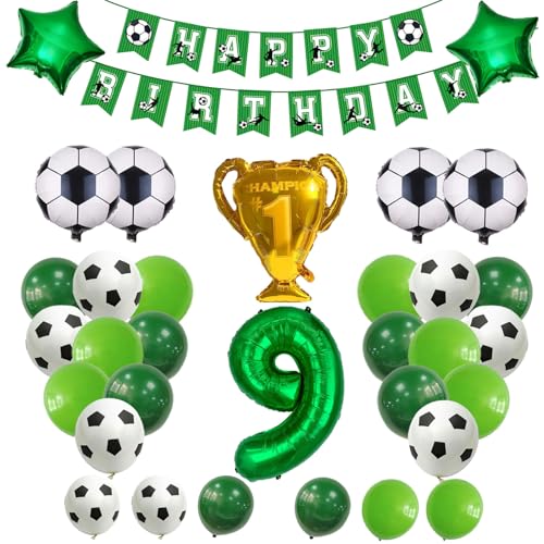 Fußball-Geburtstagsdeko für Jungen – Fussball Luftballon 9. Geburtstag, folienballon 9, Fußballballons, Pokal & Girlande – für Kindergeburtstage (Grün 9) von JSRHEEM