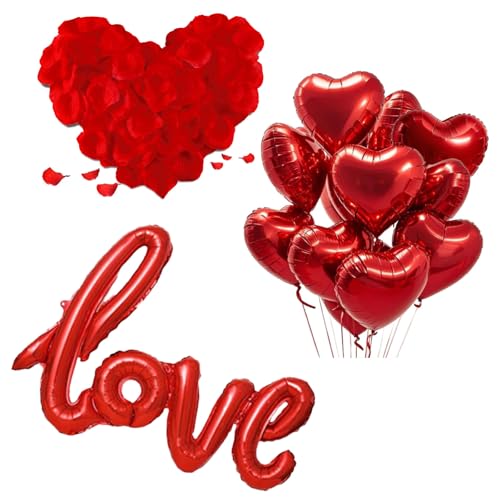 Herzförmige Alufolien-Ballons (20 Stück) + XXL Love Ballon + 1000 Kunstrosenblätter – Romantische Deko für Hochzeit, Geburtstag & Valentinstag (Rot) von JSRHEEM