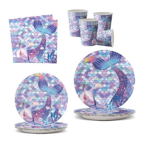 JSRHEEM Meerjungfrau Party Dekoration Essgeschirr Set - 50 Stücke, Mermaid Teller und Becher Set inkl. Servietten, geeignet für 10 Personen - Mermaid Geburtstagsparty Dekoration​ (Fisch) von JSRHEEM