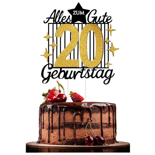 Torten Deko 20. Geburtstag – Goldene & Schwarze Kuchendeko | Happy 18th Birthday Cake Topper für Frauen & Männer (black gold 20) von JSRHEEM