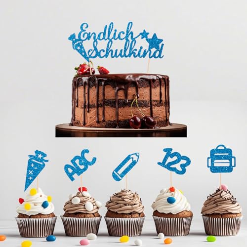 Tortendeko Einschulung 2025, 11er Set Cake Topper "Endlich Schulkind", ABC 123, Zuckertüten - Mädchen & Junge - Ideal für Schulanfang & Geschenke-School Cake Decoration Set (Blau) von JSRHEEM