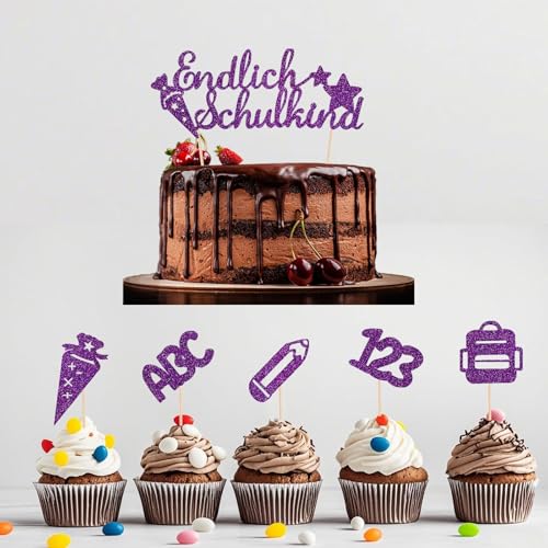 Tortendeko Einschulung 2025, 11er Set Cake Topper "Endlich Schulkind", ABC 123, Zuckertüten - Mädchen & Junge - Ideal für Schulanfang & Geschenke-School Cake Decoration Set (Lila) von JSRHEEM