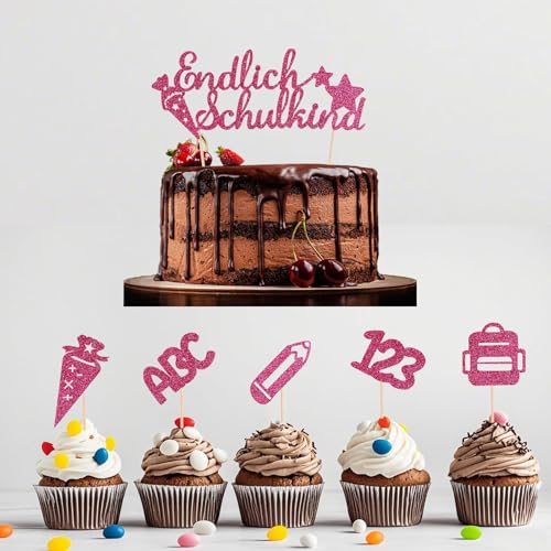 Tortendeko Einschulung 2025, 11er Set Cake Topper "Endlich Schulkind", ABC 123, Zuckertüten - Mädchen & Junge - Ideal für Schulanfang & Geschenke-School Cake Decoration Set (Rosa) von JSRHEEM