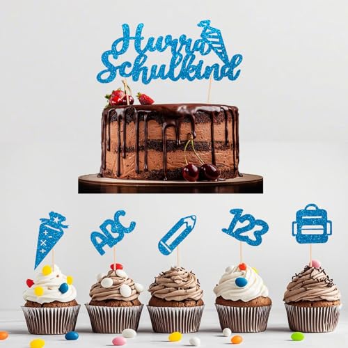 Tortendeko Einschulung 2025, 11er Set Cake Topper "Hurra Schulkind", ABC 123, Zuckertüten - Mädchen & Junge - Ideal für Schulanfang & Geschenke-School Cake Decoration Set (Blau) von JSRHEEM
