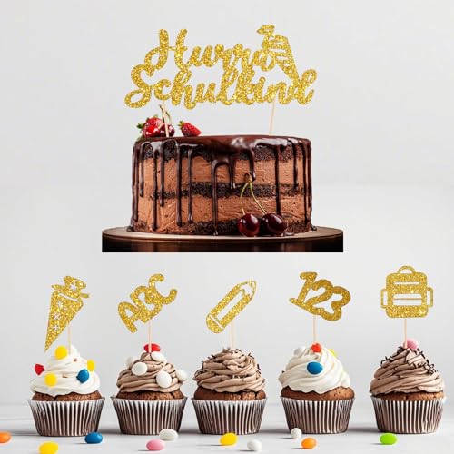 Tortendeko Einschulung 2025, 11er Set Cake Topper "Hurra Schulkind", ABC 123, Zuckertüten - Mädchen & Junge - Ideal für Schulanfang & Geschenke-School Cake Decoration Set (Gold) von JSRHEEM
