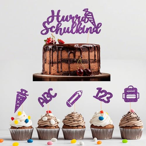 Tortendeko Einschulung 2025, 11er Set Cake Topper "Hurra Schulkind", ABC 123, Zuckertüten - Mädchen & Junge - Ideal für Schulanfang & Geschenke-School Cake Decoration Set (Lila) von JSRHEEM