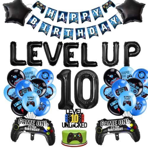 Videospiel Luftballon Geburtstagsdeko Set - 10. Geburtstag Jungen Deko mit XXL Gaming Controller Ballons, Zahl 10 Folienballon, Banner & Cake Topper (Schwarz 10) von JSRHEEM