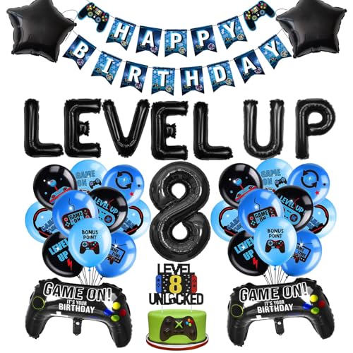 Videospiel Luftballon Geburtstagsdeko Set - 8. Geburtstag Jungen Deko mit XXL Gaming Controller Ballons, Zahl 8 Folienballon, Banner & Cake Topper (Schwarz 8) von JSRHEEM