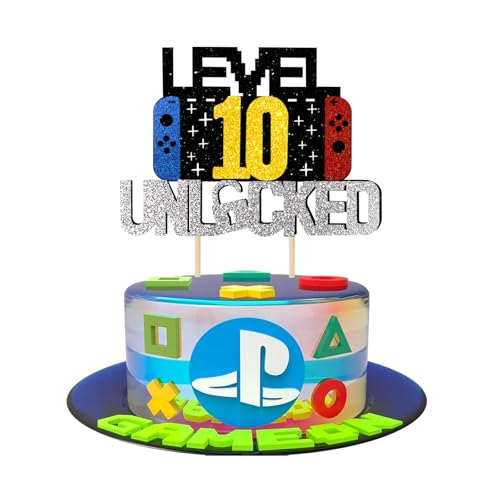 Videospiel Tortendeko Geburtstag, Glitzernde Spielkonsolen - Thema, Cupcake Topper, perfekt Gaming Cake Topper für 10 Jahre Junge und Mädchen Geburtstag (schwarzes Gold 10) von JSRHEEM