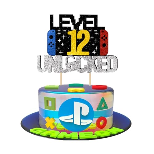 Videospiel Tortendeko Geburtstag, Glitzernde Spielkonsolen - Thema, Cupcake Topper, perfekt Gaming Cake Topper für 12 Jahre Junge und Mädchen Geburtstag (schwarzes Gold 12) von JSRHEEM