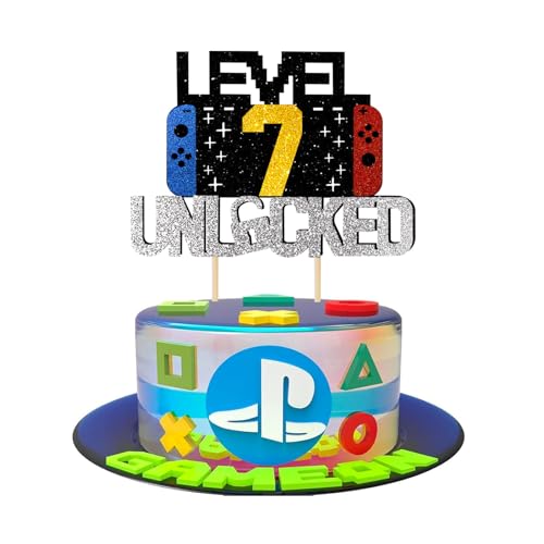 Videospiel Tortendeko Geburtstag, Glitzernde Spielkonsolen - Thema, Cupcake Topper, perfekt Gaming Cake Topper für 7 Jahre Junge und Mädchen Geburtstag (schwarzes Gold 7) von JSRHEEM