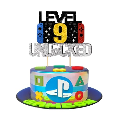 Videospiel Tortendeko Geburtstag, Glitzernde Spielkonsolen - Thema, Cupcake Topper, perfekt Gaming Cake Topper für 9 Jahre Junge und Mädchen Geburtstag (schwarzes Gold 9) von JSRHEEM