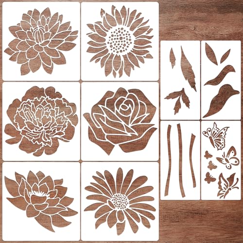 JSRQT 10 Stück Große Blumen Schablonen zum Malen, Wiederverwendbare DIY Gänseblümchen & Sonnenblumen Malschablonen, Vorlagen für Gartenzäune, Holz, Boden, Heimdekoration (30x30 cm) von JSRQT
