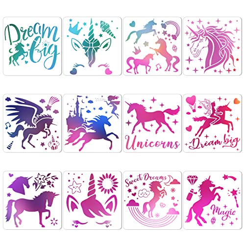 JSRQT 12 Stück DIY Schablonen Einhorn, Unicorn Painting Stencils Journal Vorlagen, Wiederverwendbar Schablonen Set Stencils für Kinder, Kunststoff Stencils Art für Scrapbooking (20X20cm) von JSRQT