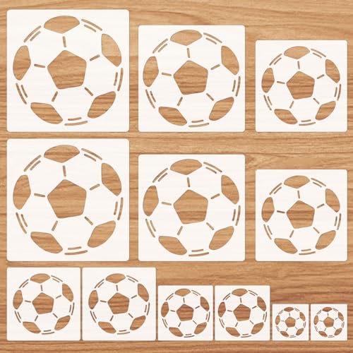 JSRQT 12 Stück Fußball Malvorlage DIY Handwerk Vorlage Kunststoff Zeichenschablonen zum Malen Fußball Schablonen zum Basteln Wiederverwendbare Wandschablone für Scrapbooking Möbel (3,5/5/6/7/8 Zoll) von JSRQT