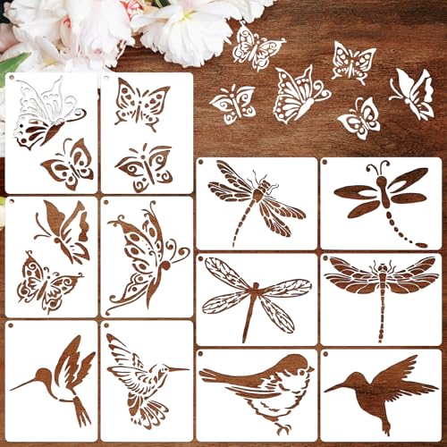 JSRQT 12 Stück Malschablonen Schmetterlinge Kolibris Libellen, Frühlings Schablonen zum Malen, Wiederverwendbare Schablonen zum Bemalen für Vorlage Leinwand, Möbel & Wände, 14.2 x 10.4 cm von JSRQT