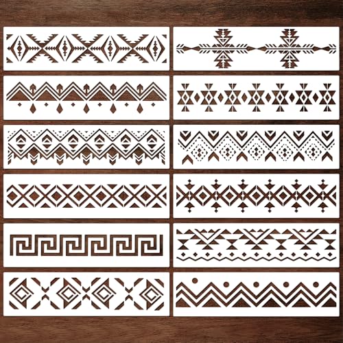 JSRQT 12 Stücke Azteken Schablonen zum Bemalen,Boho Wandmuster-Malschablonen für Holz, Wände, Leinwand & Möbel, Wiederverwendbare DIY Schablonen zum Malen (28 x 7.6 cm) von JSRQT