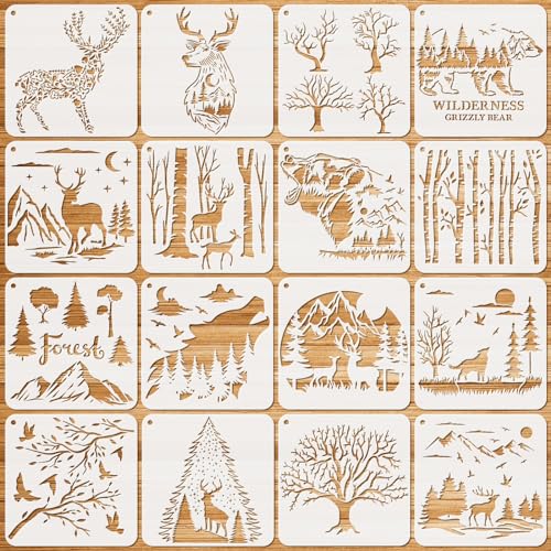 JSRQT 16 Blatt Schablonen Malen Waldtiere, Tiere Schablonen Stencils Malerei auf Holz, Wiederverwendbare Hirsch Bär Wolf Baum Malschablonen-Set für Fotoalbum, Stoff Wand Home Decor(20x20 cm) von JSRQT