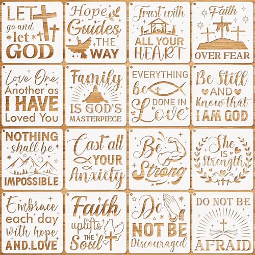JSRQT 16 Stück Christliche Inspirierende Schablonen, Bibelverse Wort Schablonen Set, DIY Wiederverwendbare Schablonen aus Kunststoff, Stencils Schablone Malen auf Holz Wand Leinwand Schild, 20x20cm JSRQT 16 Stück Christliche Inspirierende Schablonen, Bibelverse Wort Schablonen Set, DIY Wiederverwendbare Schablonen aus Kunststoff, Stencils Schablone Malen auf Holz Wand Leinwand Schild, 20x20cm von JSRQT