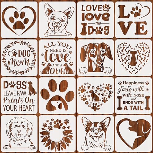 JSRQT 16 Stück Wiederverwendbare Schablonen Hund Stencil Tiere Schablonen Waschbar Zeichnung Malschablonen DIY Schablonen Vintage Pfote Sonnenblume Liebe Herz DIY Scrapbooks Kunsthandwerk von JSRQT