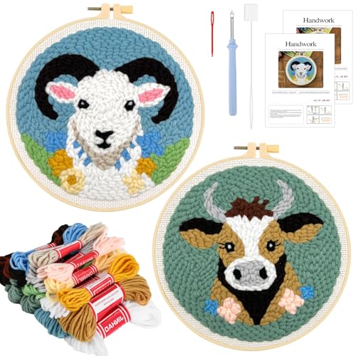 JSRQT 2 Stück Stanznadel Stickerei Starter Kit,Tiere Punch Needle Stickerei Set für Anfänger Erwachsene,DIY Handarbeit Embroidery Stanznadelstoff Rinder und Schafe Muster Set JSRQT 2 Stück Stanznadel Stickerei Starter Kit,Tiere Punch Needle Stickerei Set für Anfänger Erwachsene,DIY Handarbeit Embroidery Stanznadelstoff Rinder und Schafe Muster Set von JSRQT