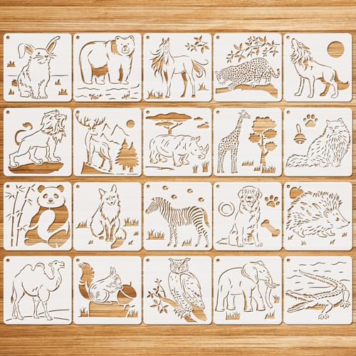 JSRQT 20 Blatt Schablonen Malen Tiere, Tiere Schablonen Stencils Set, Wiederverwendbare Cartoon Tier Schablonen Löwe Elefant Hund Fuchs Panda Stencils Malerei auf Holz, Stoff Wand Home Decor(6 Inch) von JSRQT