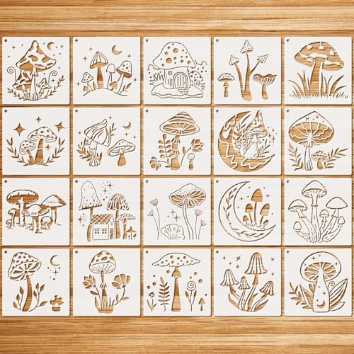 JSRQT 20 Stück Schablonen Malen Pilz, Wiederverwendbare Schablonen aus Kunststoff, Schablonen Set Pilz Blumen Mond Stern Stencils Templates, DIY Handwerk Schablonen zum Malen auf Holz Wand Canvas von JSRQT