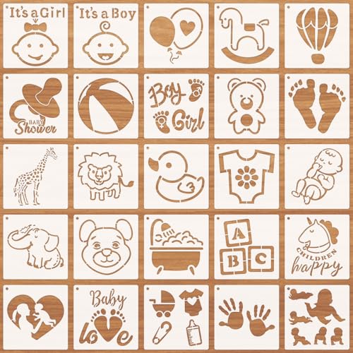 JSRQT 25 Stück Baby Shower Schablonen Baby Thema Baby Dusche Schablone für Babyparty Art Schablonen Stencil for Painting Wiederverwendbar Malschablonen für Strampler Onesies Lätzchen Hemden Dekoration von JSRQT