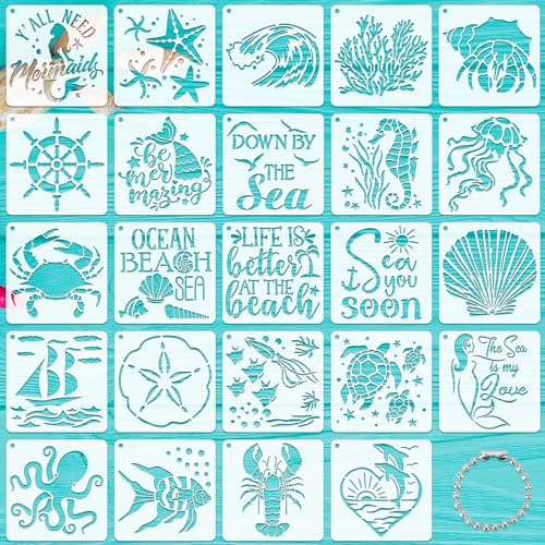 JSRQT 25 Stück Meerestier Schablonen,Ocean Creatures Painting Stencils,Meeresbewohner Malerei Schablonen Vorlage für Holz, Boden, Möbel Wandgestaltung Deko 5.1 x 5.1” von JSRQT