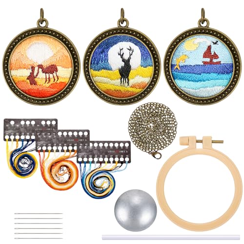 JSRQT 3 Pack Anhänger Stickerei Starter Kit mit Anleitungen Cross Stitch Craft Stickerei Halskette mit Muster DIY Stickerei Ohrringe Anhänger Embroidery Starter Kit für Schmuck Sticken Handwerk von JSRQT