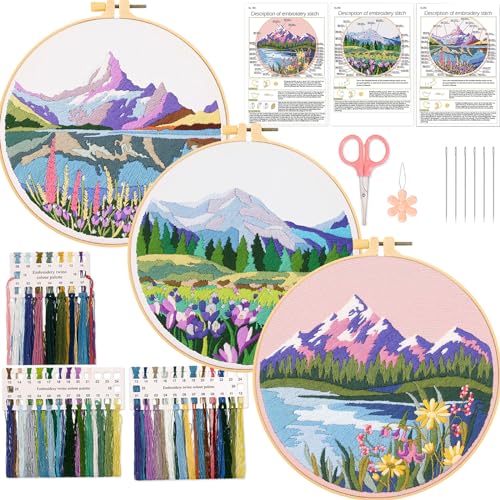 JSRQT 3 Sets Landschafts Stickerei Set Anfänger, Gestempeltes Kreuzstich Set, Handgefertigtes Sticken Set, Nadelspitzenset Embroidery Starter Kit mit Stickrahmen Nadeln und Fäden, für Heimdekoration von JSRQT