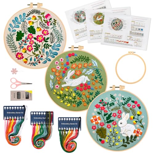JSRQT 3 Sets Oster Sticksets für Anfänger Erwachsene, Gestempelte Kreuzstichset mit Häschen-Blumen-Muster, Handgefertigtes Nadelspitzen Stickerei Starterset mit Anleitung, Stickrahmen, Nadel und Faden JSRQT 3 Sets Oster Sticksets für Anfänger Erwachsene, Gestempelte Kreuzstichset mit Häschen-Blumen-Muster, Handgefertigtes Nadelspitzen Stickerei Starterset mit Anleitung, Stickrahmen, Nadel und Faden von JSRQT