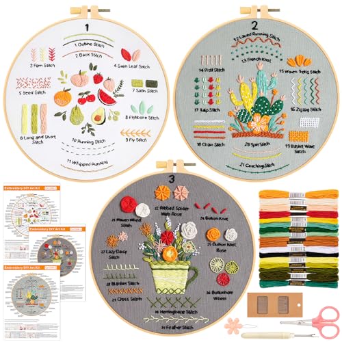 JSRQT 3 Sets Stickset für Anfänger Erwachsene, Stich Praxis Stickerei Kit für Bastelliebhaber zum Erlernen von 31 Verschiedenen Stichen, Handgefertigter Kreuzstichset mit Werkzeug, Nadel und Faden von JSRQT
