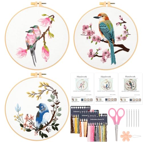 JSRQT 3 Stück Embroidery Set Stickerei Kit Vögel Blumen Gestempeltes Stickerei Starter Kit für Anfänger Erwachsene Stickerei Stick Starter Kit Kreuzstich Kit Cross Stitch Set für DIY Kunst Handwerk von JSRQT