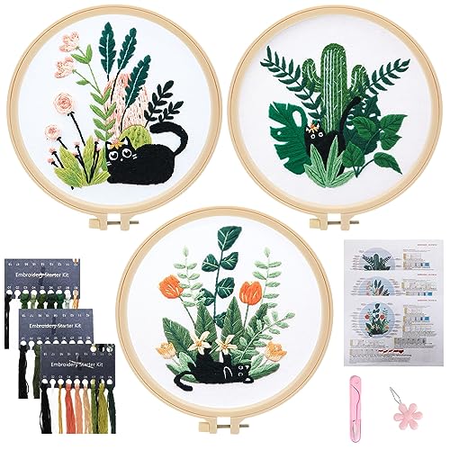 JSRQT 3 Stück Gestempeltes Stickerei Starter Kit Katze Stickerei Kit Embroidery Set für Anfänger Erwachsene Stickerei Kreuzstich Set Cross Stitch Set für DIY Kunst Nadeln und Nähen Tools von JSRQT