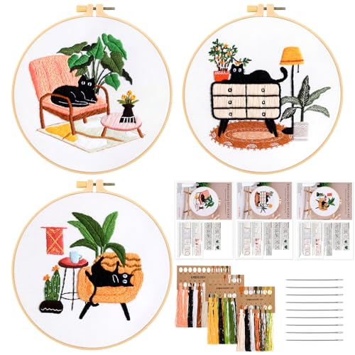 JSRQT 3 Stück Gestempeltes Stickerei Starter Kit Katze Stickerei Kit Embroidery Set für DIY Kunst Nadeln und Nähen Tools Stickerei Kreuzstich Set Cross Stitch Set für Anfänger Erwachsene von JSRQT