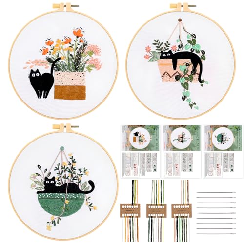 JSRQT 3 Stück Gestempeltes Stickerei Starter Kit Katze Stickerei Kit Embroidery Set für DIY Kunst Nadeln und Nähen Tools Stickerei Kreuzstich Set Cross Stitch Set für Anfänger Erwachsene von JSRQT