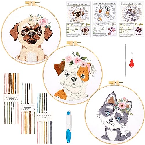 JSRQT 3 Stück Hund Stickerei Starter Kit, Sticken Set für Anfänger Erwachsene, Hund Gestempeltes Kreuzstich Stickset, Handsticksets mit Stickwerkzeugset inklusive Stickrahmen, Fäden und Nadeln von JSRQT